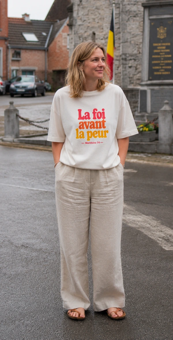 T-shirt « La foi avant la peur » porté par une femme sur une place de village