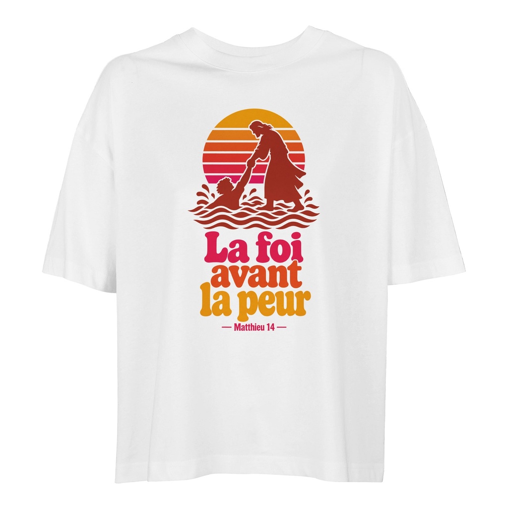 « La foi avant la peur » — T-shirt unisexe, coton épais | Collection Matthieu 14 (Blanc, S)