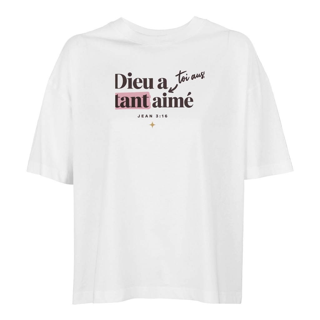 « Dieu a tant aimé » — T-shirt ample femme | Jean 3:16 (Blanc, XS)