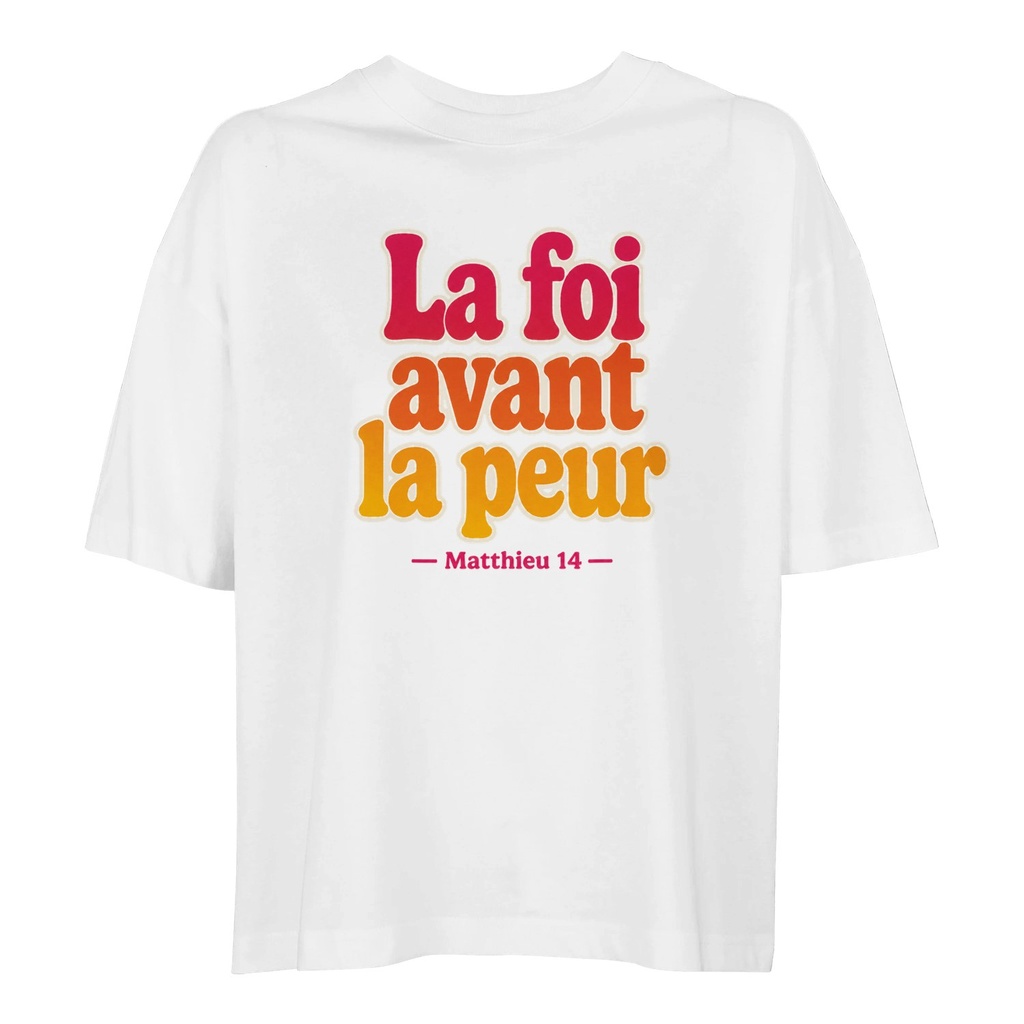 « La foi avant la peur » — T-shirt ample femme recto-verso | Matthieu 14 (Blanc, XS)