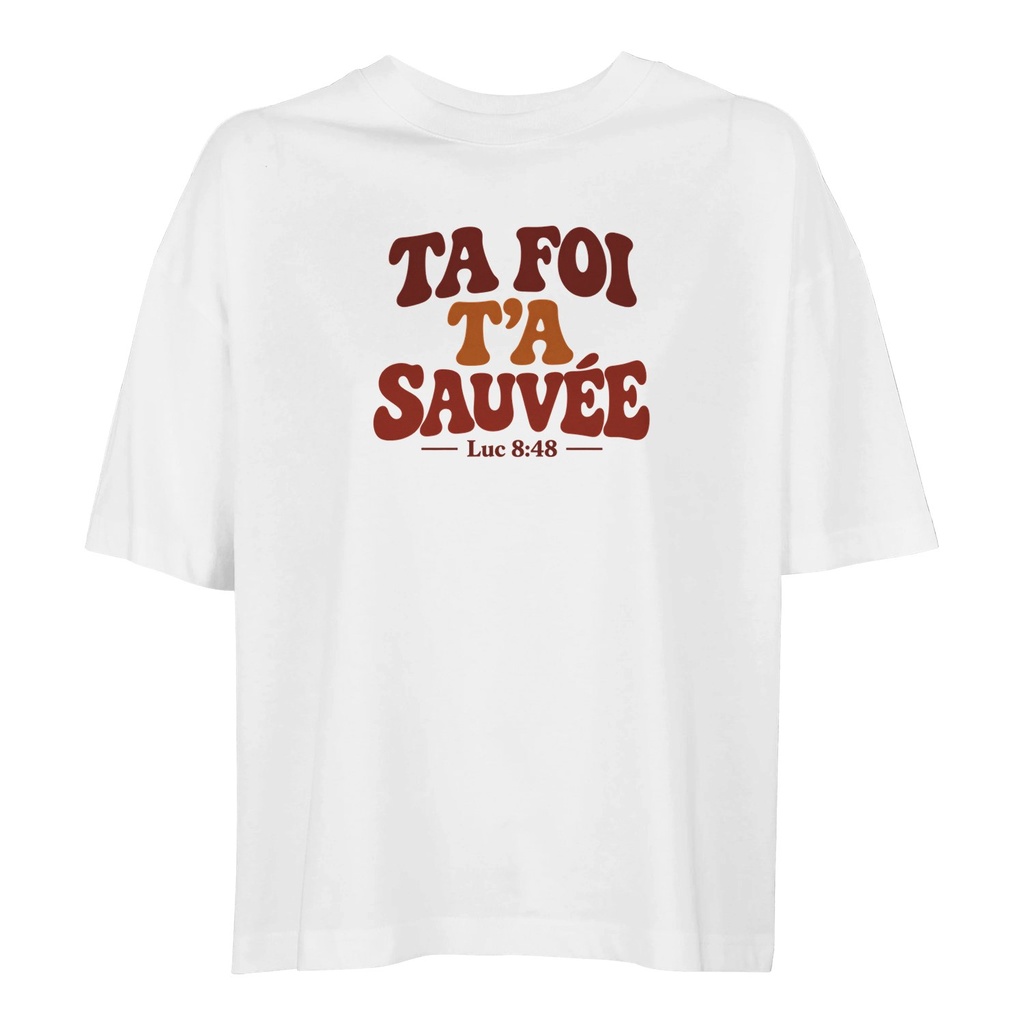 « Ta foi t'a sauvée » — T-shirt ample femme recto-verso | Luc 8 (Blanc, XS)