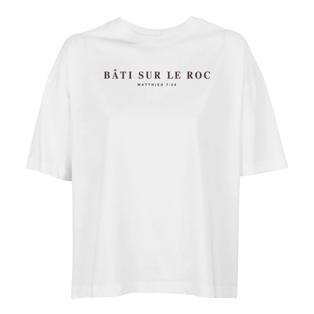 « Bâti sur le roc » — T-shirt ample femme recto-verso | Matthieu 7:24 (Blanc, XS)