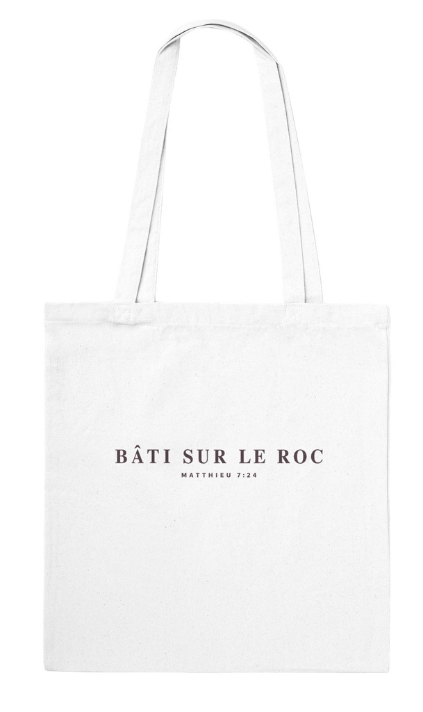 « Bâti sur le roc » — Tote bag en coton recto-verso | Matthieu 7:24 (Blanc)