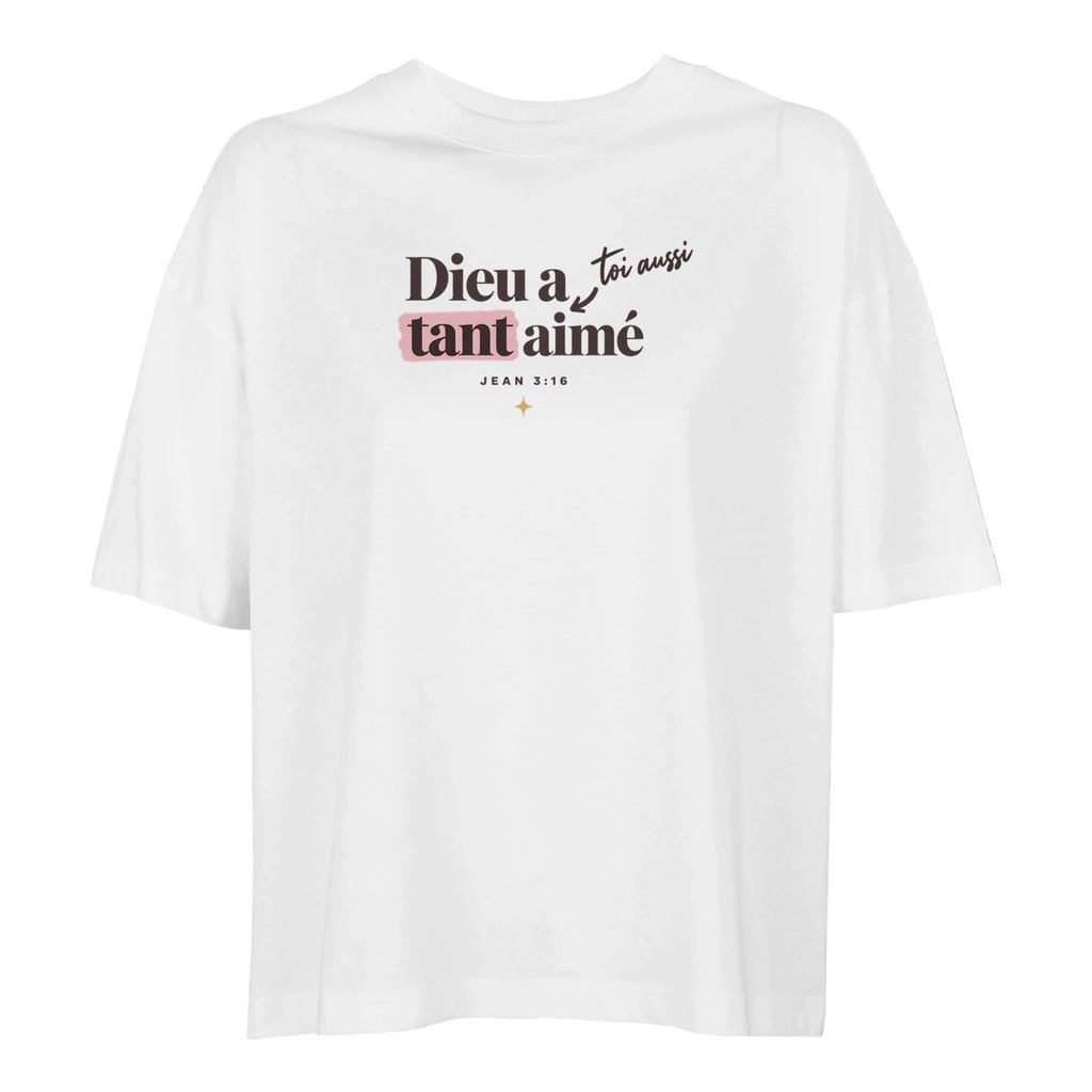 « Dieu a tant aimé » — T-shirt ample femme recto-verso | Jean 3:16 (Blanc, XS)